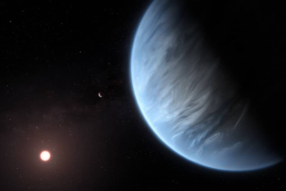 Ilustración de K2-18b súper-Tierra, el único exoplaneta súper-Tierra conocido por albergar tanto agua como temperaturas que podrían soportar la vida. / M. Kornmesser/ESA/Hubble/AFP