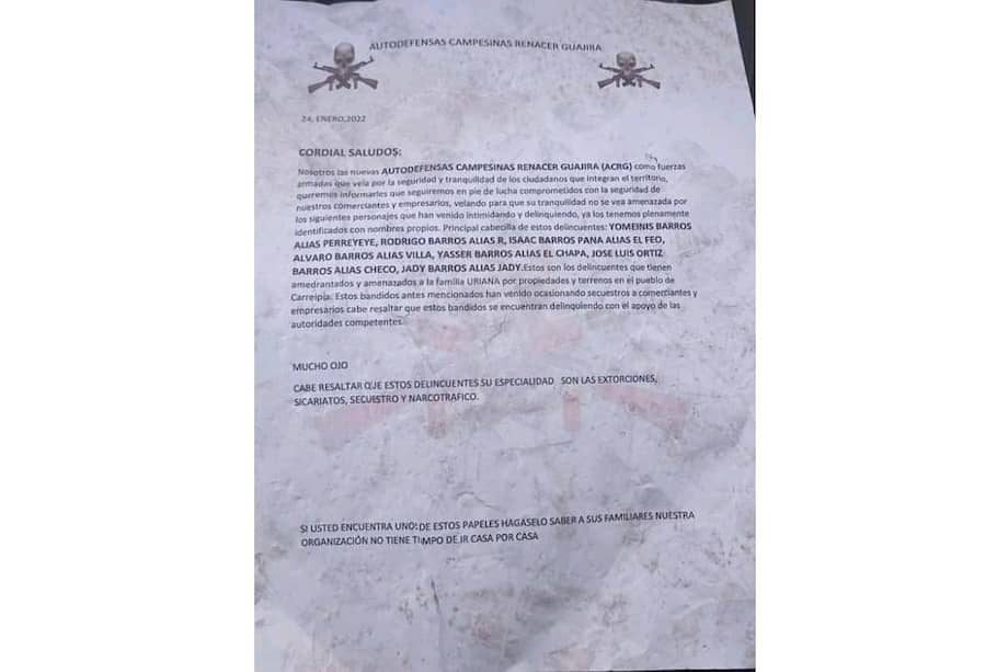 El panfleto circuló esta semana entre la comunidad de La Guajira.