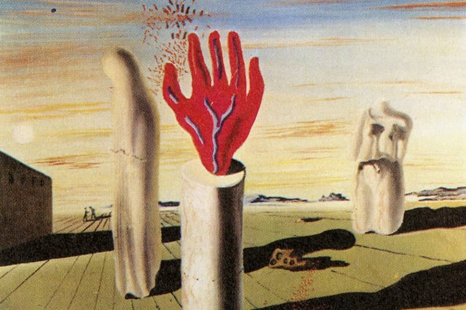 "Simulacro de la noche", un óleo sobre lienzo que retrata un paisaje estéril con una enorme mano venosa roja en medio, fue encontrada en el fondo de un coleccionista privado.