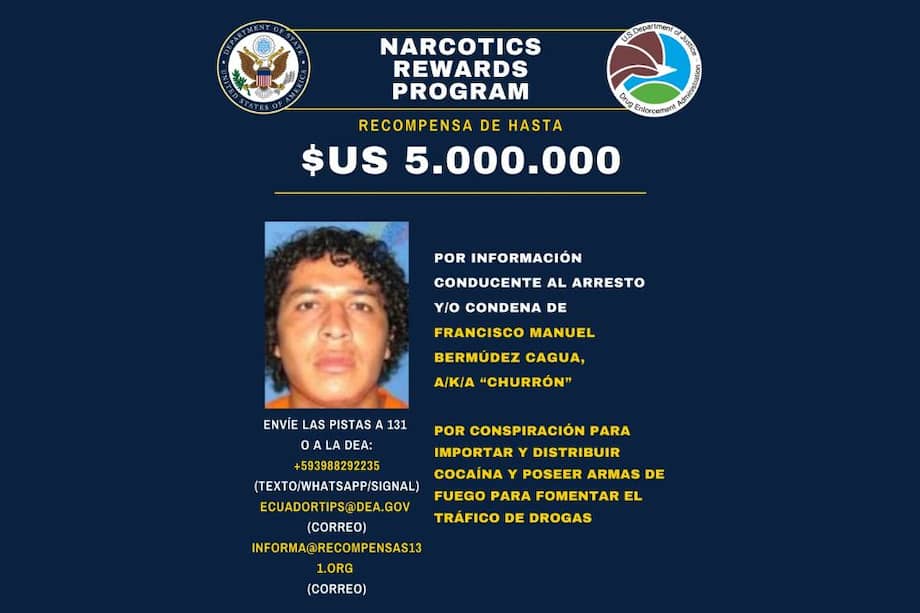 Estados Unidos ofrece US$5 millones por información que permita atrapar a Francisco Manuel Bermúdez, alias ‘Churrón’, otro cabecilla de Los Choneros.