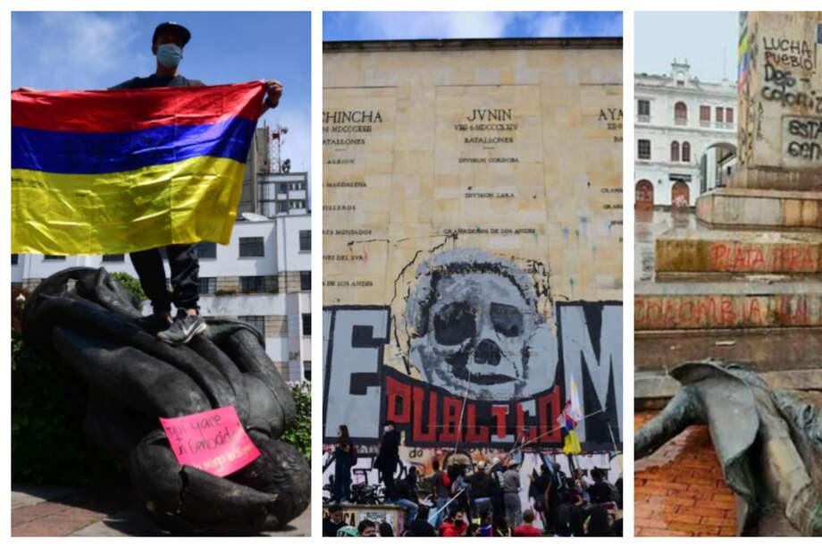 Manifestaciones contra la estatua de Gonzalo Jiménez de Quesada, en Bogotá, (Izquierda), el Monumento a los Héroes en la capital (Centro) y al general Antonio Nariño, en Pasto (Derecha).