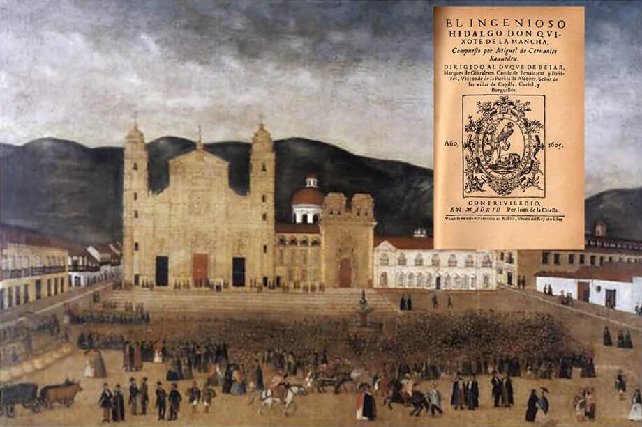 La primera edición del Quijote (1605) y un óleo de la Plaza de Bolívar en 1844, obra del artista Santiago Castillo Escallón.