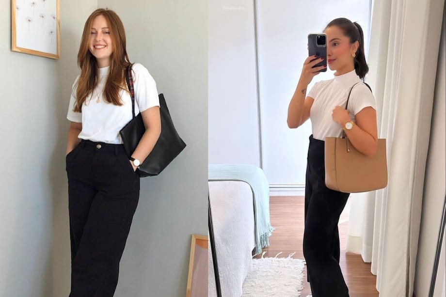 Un conjunto atemporal que nunca pasa de moda. Combina una camiseta blanca de algodón con unos pantalones negros de corte recto.