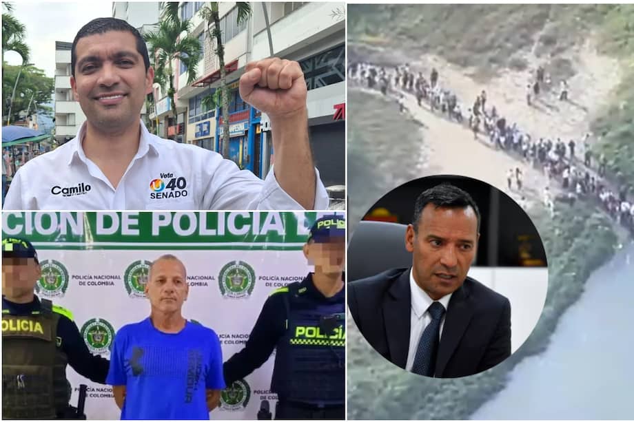 Arriba, el candidato al senado por el partido de la U, Camilo Gómez Castro. Abajo, el candidato a la Cámara, Víctor Hugo Moreno. A la derecha, el ministro de Defensa, Pedro Sánchez, con una imagen de un dron que evidenció el pasó de personas entre Venezuela y Colombia.