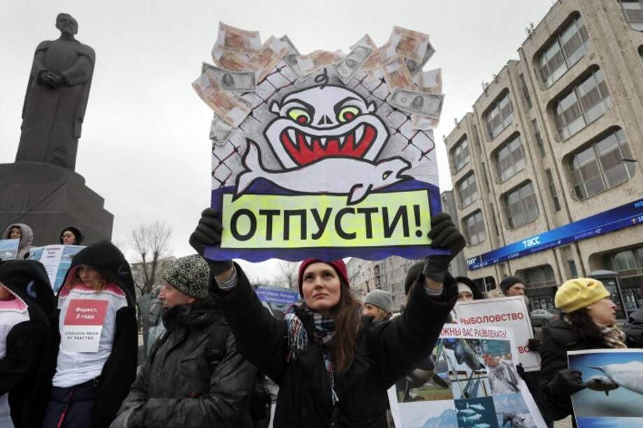 Protesta en Moscú por la liberación de los cetáceos de la "cárcel de ballenas".