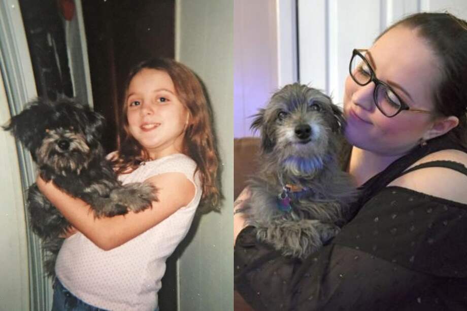 Nicole Grimes y su perrita Chloe cuando eran niñas y ahora de grandes.