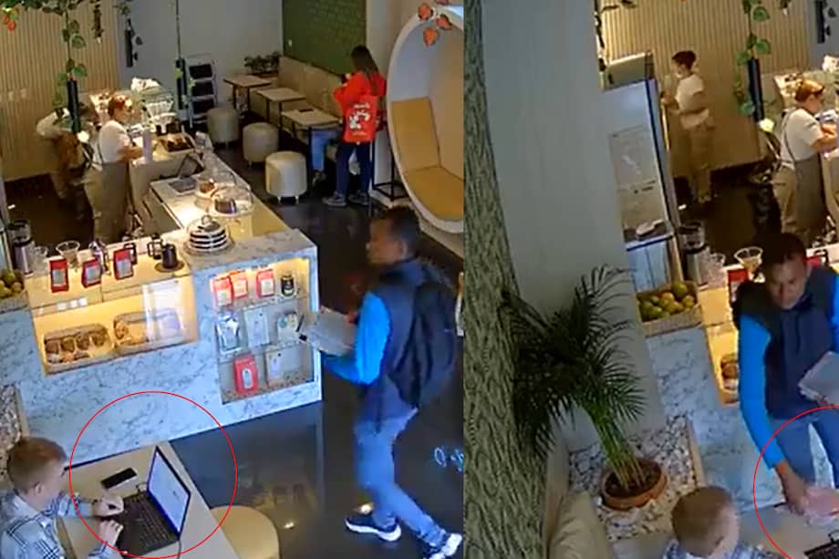 Cámaras de seguridad del establecimiento grabaron el momento en que el ladrón distrae a la víctima.