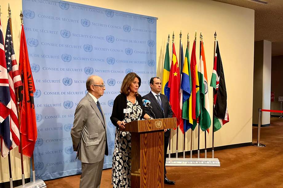 La vicepresidenta y canciller de Colombia, Marta Lucía Ramírez, junto al embajador de Colombia ante la ONU, Guillermo Fernández de Soto y el consejero presidencial para la Estabilización y la Consolidación, Juan Carlos Vargas.