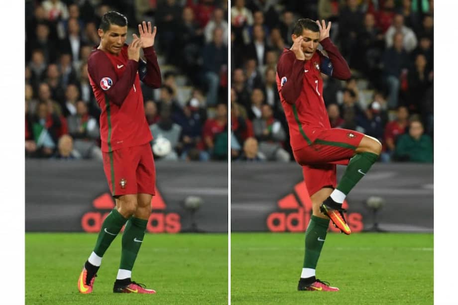 La extraña pose de Cristiano Ronaldo, durante el encuentro de Portugal y Austria, ha sido viral en redes sociales. / AFP