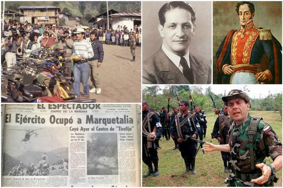 Hechos como la entrega de armas del M -19 (izquierda arriba), la toma de Marquetalia (izquierda abajo) o el fenómeno paramilitar (abajo derecha) son clave en la historia del conflicto colombiano. personajes como Jorge Eliecer Gatán y Simón Bolívar, también. / Wikipedia y El Espectador