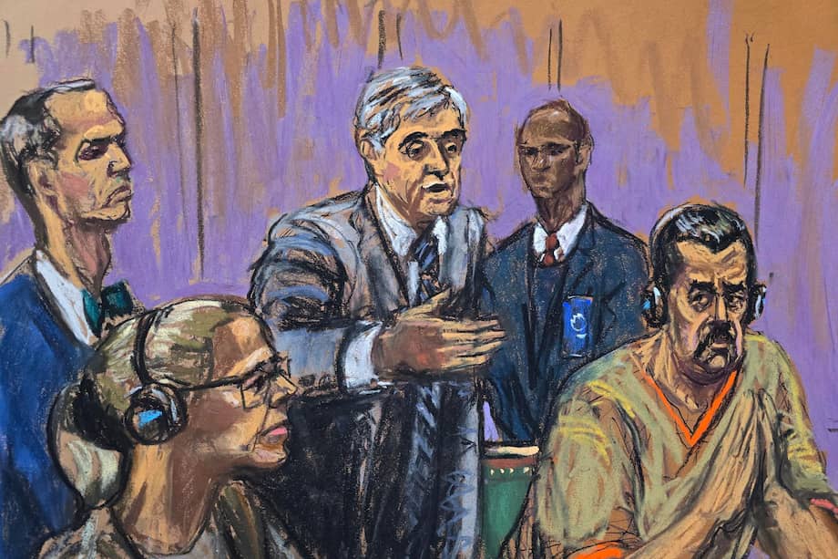 Dibujo judicial de Jane Rosenberg muestra a Nicolás Maduro y Cilia Flores junto a sus abogados en la audiencia ante un tribunal federal en Nueva York.
