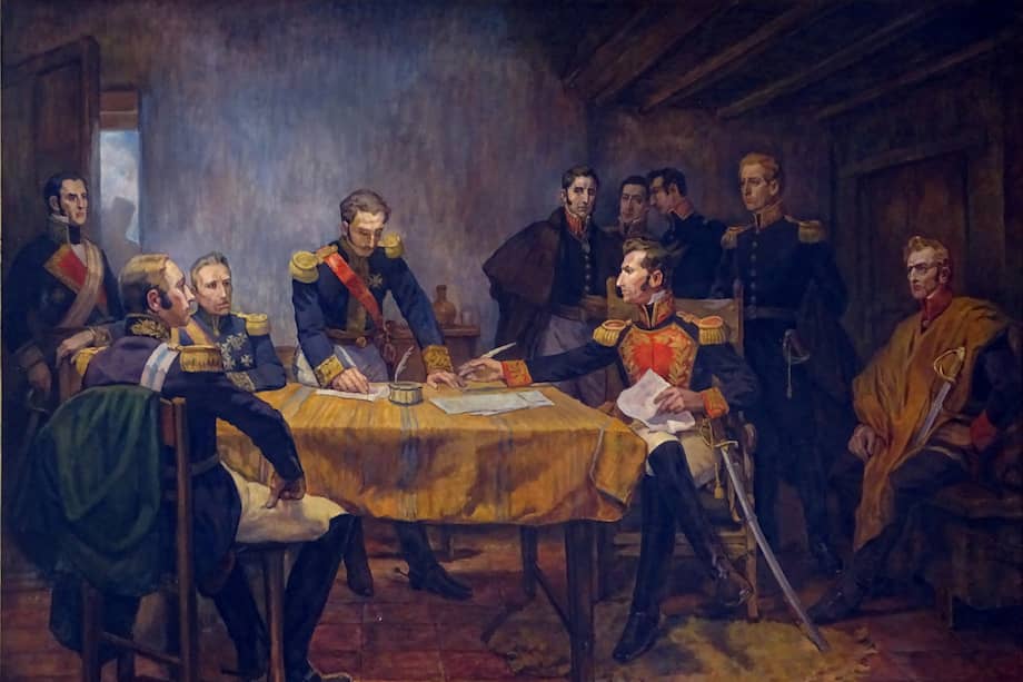 Esta pintura representa la "Capitulación de Ayacucho", uno de los últimos momentos de la dominación española sobre América.