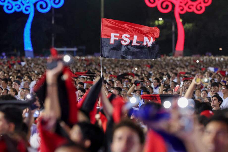 Una persona ondeando una bandera del Frente Sandinista de Liberación Nacional (FSLN).