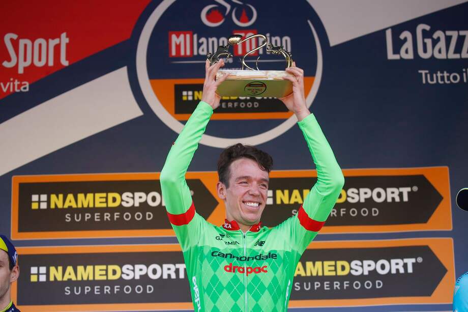 El antioqueño Rigoberto Urán celebra feliz su victoria en la Milano-Torino. / Cortesía Cannondale
