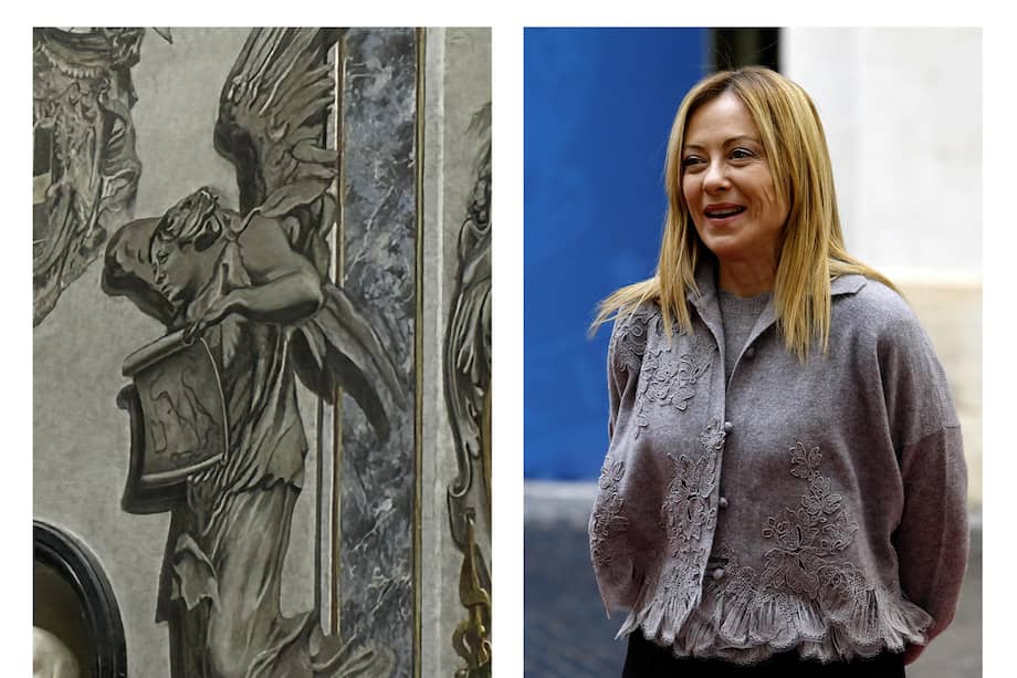 Giorgia Meloni y el fresco en el que dicen que fue pintado su rostro.