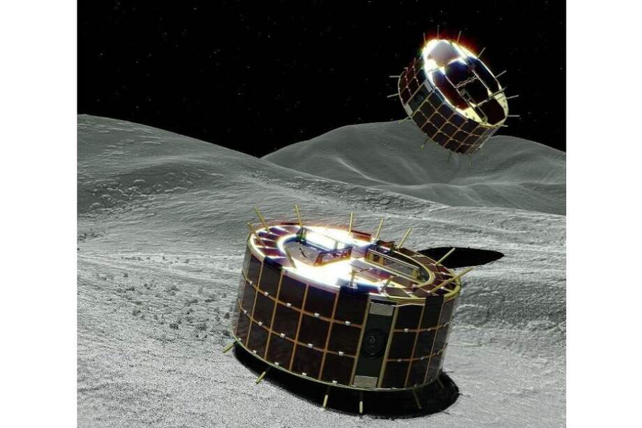 Una imagen diseñada por la Agencia Espacial Japonesa (JAXA) para mostrar cómo se verían los rovers Minerva II sobre la superficie del asteroide. / JAXA