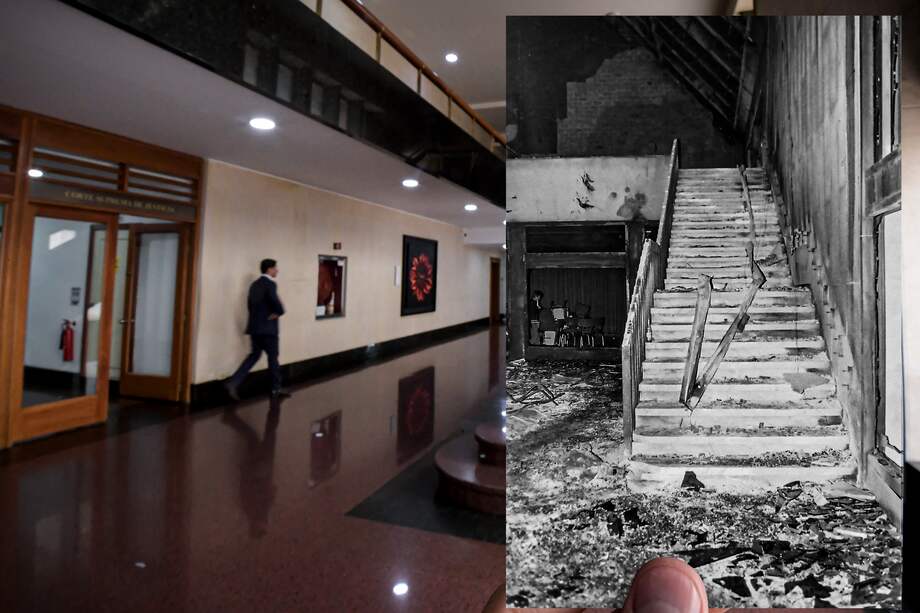 Así quedaron las escaleras del Palacio de Justicia luego del holocausto.