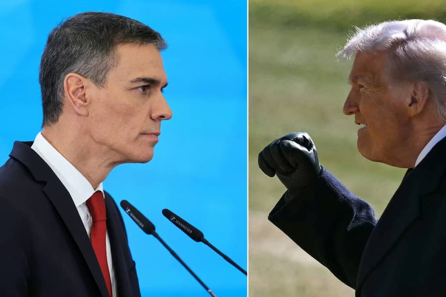 El primer ministro español, Pedro Sánchez (izq.), durante una rueda de prensa en el Palacio de la Moncloa en Madrid el 15 de diciembre de 2025 y el presidente de Estados Unidos, Donald Trump.