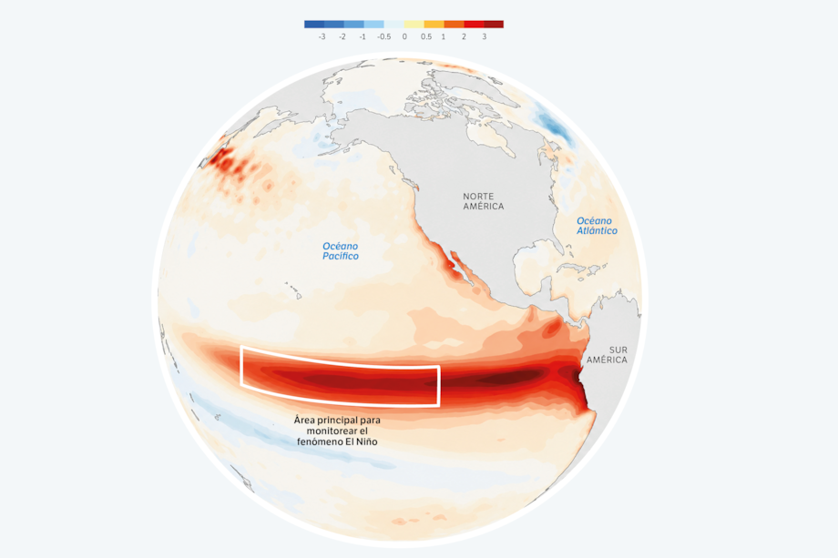 Imagen que muestra las Anomalías de la Temperatura Superficial en la región Niño 3.4 en el Océano Pacífico, de donde los científicos recopilan datos para saber cómo podría ser El Niño.