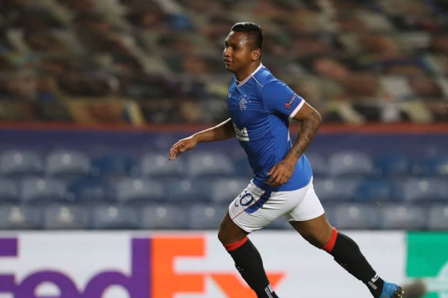 Rangers' Colombian striker Alfredo Morelos celebrates after scoring the opening goal of the UEFA Europa League Round of 32, 2nd leg football match between Rangers and Royal Antwerp at the Ibrox Stadium in Glasgow on February 25, 2021. / AFP / POOL / RUSSELL CHEYNE