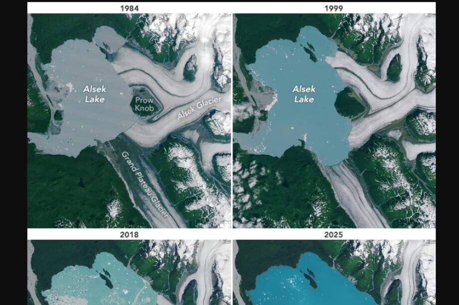 Aparicion de una isla en el lago donde desemboca el glaciar Alsek.