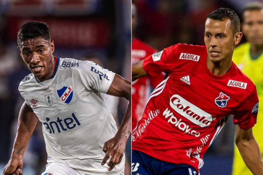 Marcos Montiel (i) de Nacional de Uruguay y Andrés Ricaurte de Independiente Medellín.