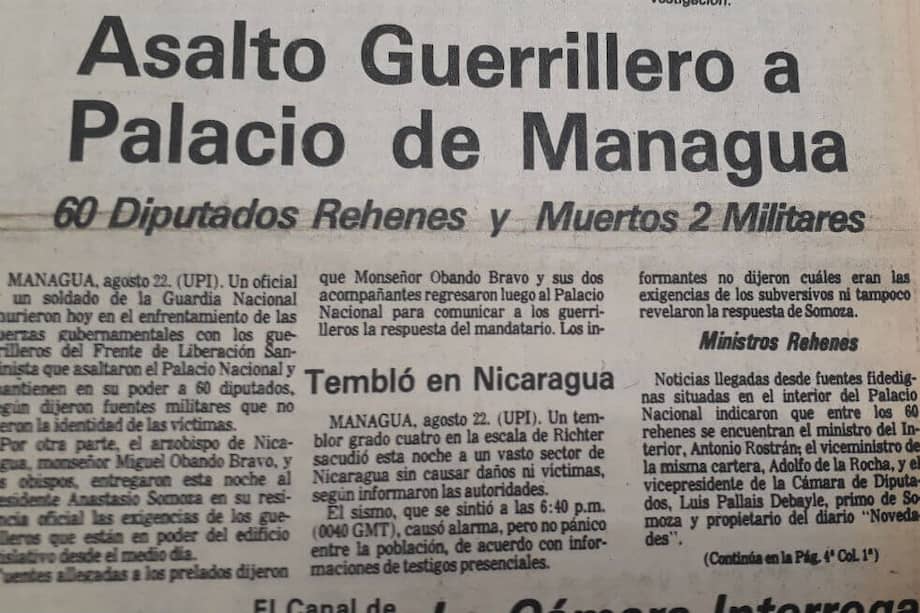 Primera página del diario El Espectador del 23 de agosto de 1978, dando cuenta del ataque al palacio de gobierno del dictador Somoza.