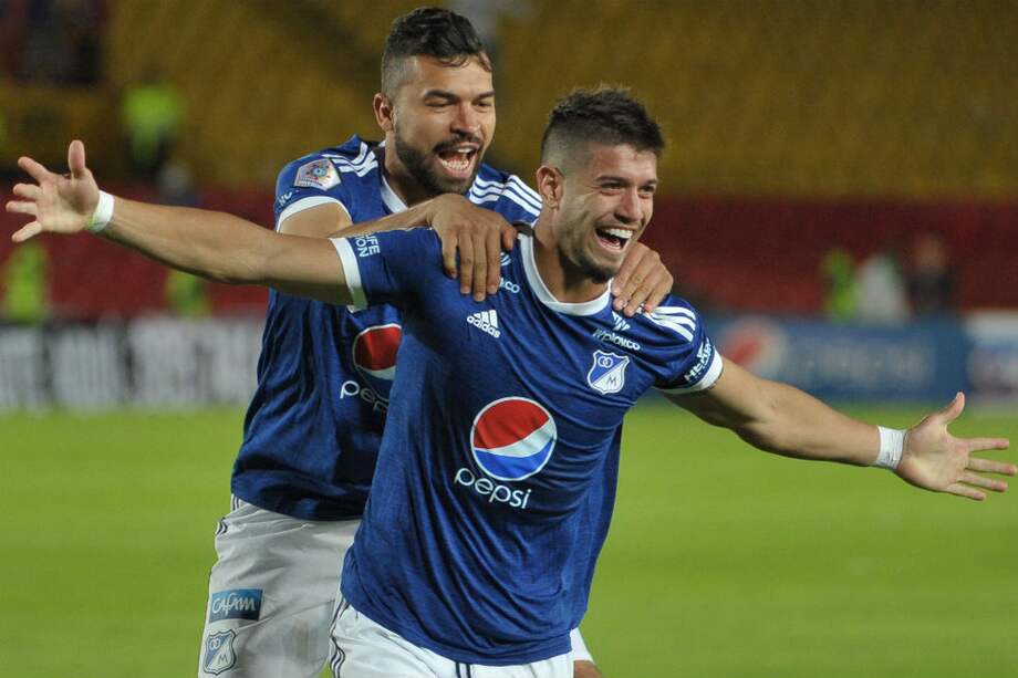 Matías de los Santos celebra el gol de Millonarios frente a Patriotas en El Campín. / Gustavo Torrijos