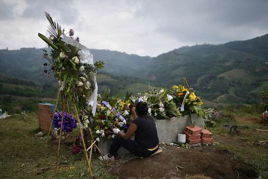 Una integrante de la Guardia Indígena del resguardo Las Delicias recoge una flor sobre la tumba de Albeiro Camayo, asesinado el 24 de enero.