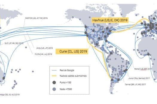 Así luce la red de cables submarinos que conectan los continentes. En amarillo se puede apreciar por dónde irá "Curie".  / Tomado de latam.googleblog.com