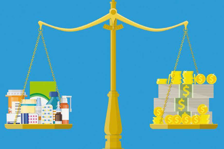 Scales with Medicine bottle, pills and money. Healthcare expenses with balance scales concept. Vector illustration in flat style