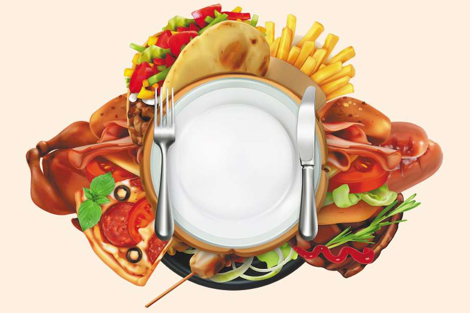 Fast food logo. Sandwich, steak, chicken, french fries, tacos, sausages, pizza. 3d vector icon, realism style