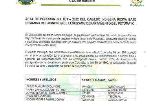 Acta de posesión como gobernador indígena el pasado 15 de enero de 2022.