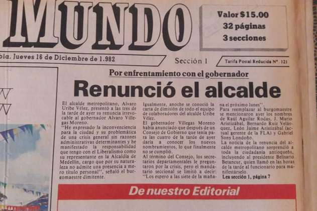 Quintero no es el primer alcalde de Medellín en renunciar, fue Uribe en 1982