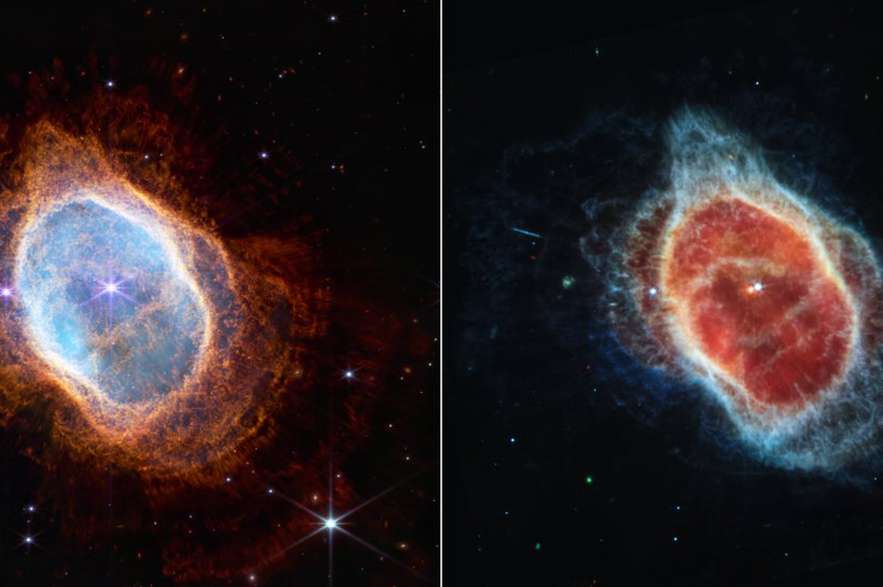 Diferentes vistas de la Nebulosa del Anillo Sur capturadas por  los instrumentos NIRCam (L) y MIRI (R) del telescopio James Webb.