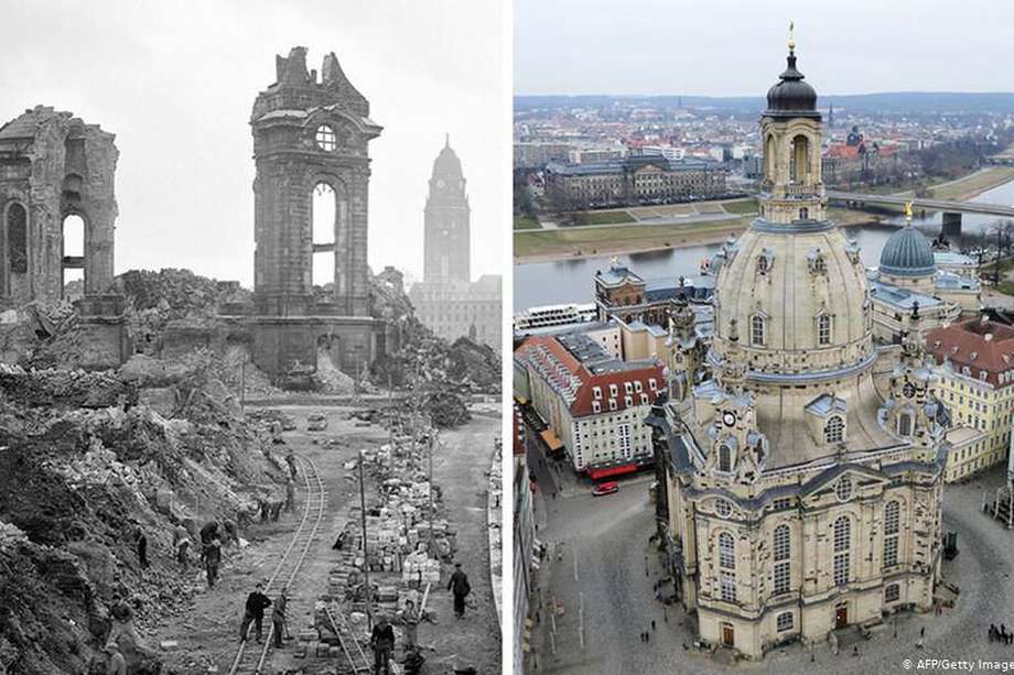 Imagen de la emblemática Frauenkirche, en 1952, durante la reconstrucción, y en 2005, después de terminada la restauración.