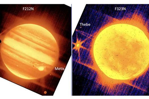 Izquierda: Júpiter, centro, y sus lunas Europa, Tebe y Metis se ven a través del filtro de 2,12 micras del instrumento NIRCam del telescopio espacial James Webb. Derecha: Júpiter y Europa, Tebe y Metis se ven a través del filtro de 3,23 micras de NIRCam. Créditos: NASA, ESA, CSA y B. Holler y J. Stansberry (STScI)