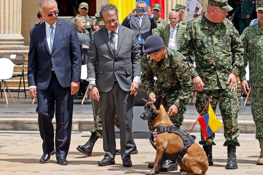 Gustavo Petro condecora a la mamá de Wilson, el perro que ayudó al rescate de los niños indígenas que estuvieron perdidos en la selva durante 40 días y que durante el operativo se perdió en la selva, en el Palacio de Nariño, en Bogotá (Colombia). 
