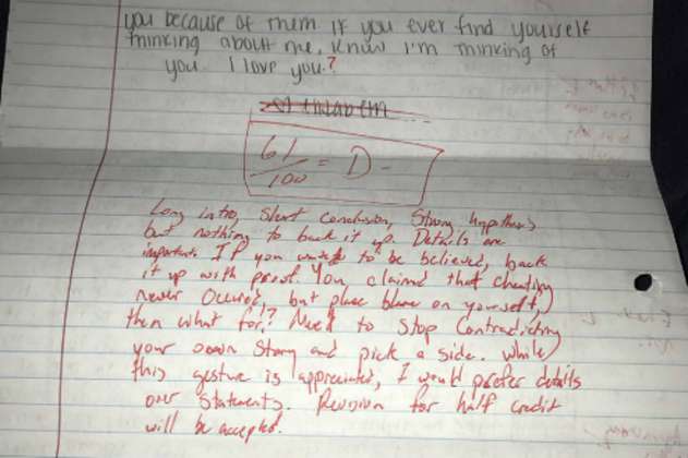 Joven corrigió y calificó con la nota más baja la carta de perdón que le envió su ex