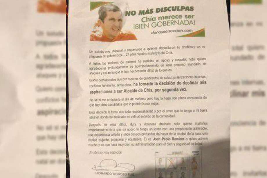 Leonardo Donoso, candidato a la alcaldía de Chía, denunció saboteo a su campaña con falso panfleto que anuncia su supuesto retiro de la contienda electoral.