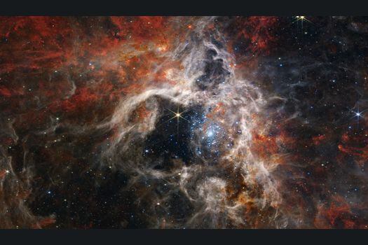 En esta imagen, la NIRCam muestra la región de formación de estrellas de la Nebulosa de la Tarántula bajo una nueva luz.