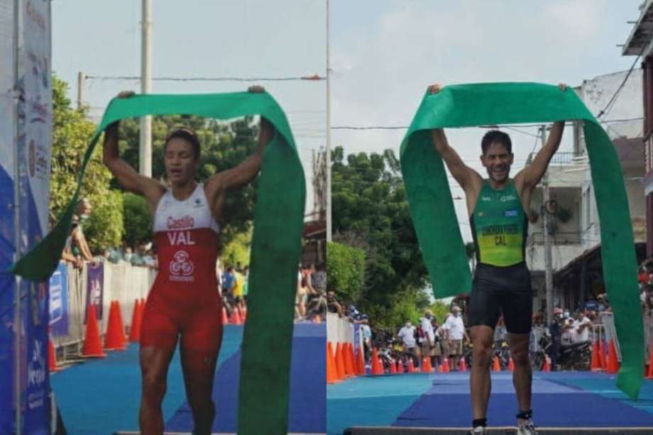 Diana Castillo y Carlos Quinchará en la meta del triatlón en Tolú.