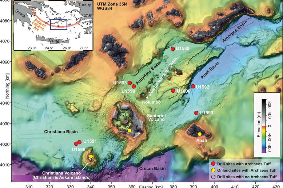 Sitios de perforación de los investigadores en el Arco de las Islas Helénicas: una cadena de islas volcánicas que se extiende desde Grecia hasta Turquía.