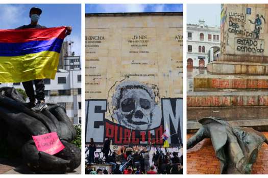 Manifestaciones contra la estatua de Gonzalo Jiménez de Quesada, en Bogotá, (Izquierda), el Monumento a los Héroes en la capital (Centro) y al general Antonio Nariño, en Pasto (Derecha).