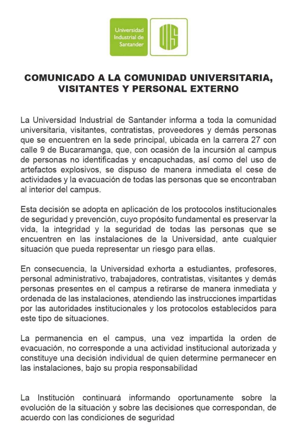 Este es el comunicado de la UIS con el que informó el cese de actividades.