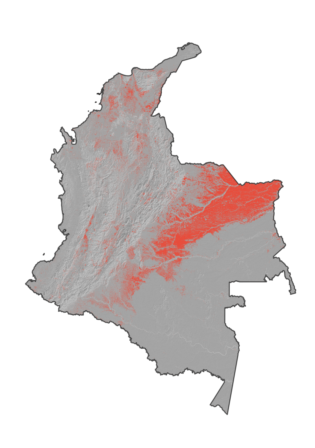 En este mapa se muestra, en rojo el área quemada en Colombia durante los últimos 26 años.