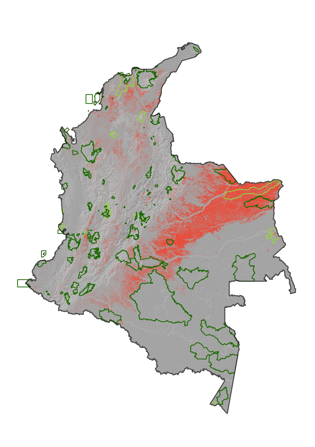 En este mapa se aprecia cómo se sobreponen algunas de las hectáreas quemadas entre 2000 y 2025 con áreas protegidas del país.