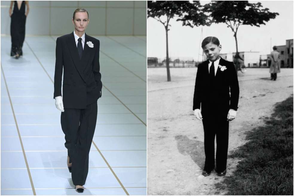 Agnese Zogla luciendo el diseño inspirado en la Primera Comunión de Armani y Giorgio en 1942. / AFP - Vogue Italia