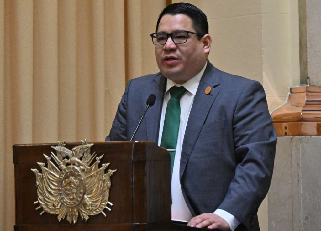 (FILES) Bolivian newly appointed General Attorney Roger Mariaca delivers a speech after swearing in at the Vice-Presidency headquarters in La Paz, Bolivia on October 22, 2024.