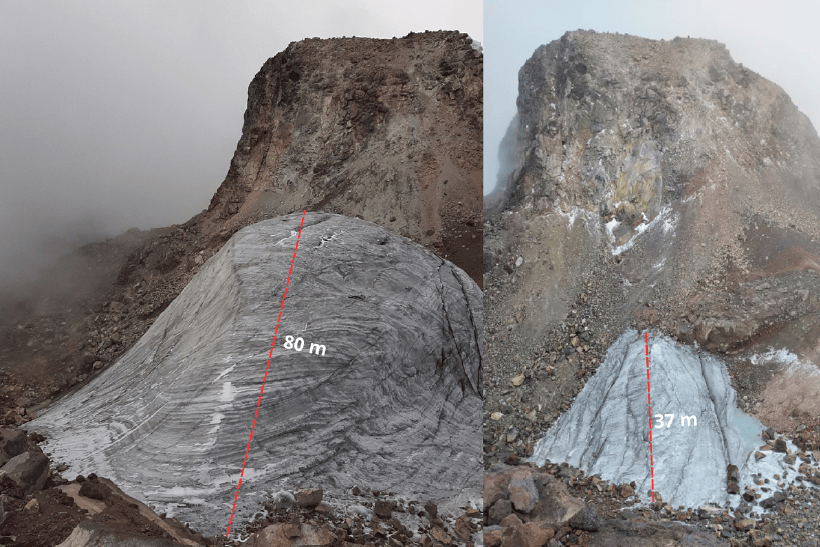 Relicto de hielo El Escondido, que recibe su nombre por la dificultad para avistarlo desde lejos. A la izquierda, una fotografía de 2019. A la derecha, una de 2026.